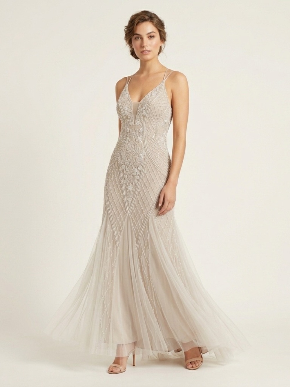 Lulus This I Promise You Beaded Tulle Maxi Dress White Nude S